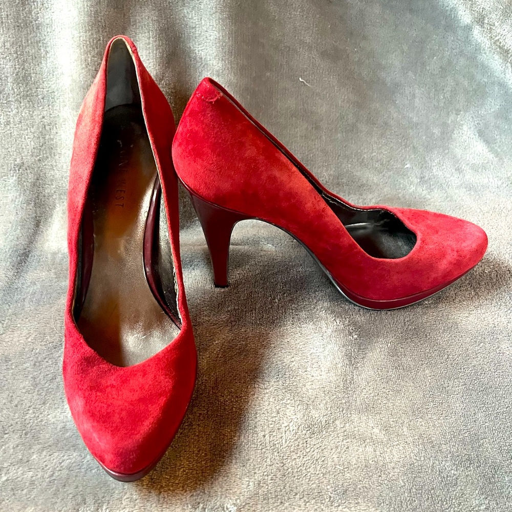 Beautiful red suede shoes with patent leather heel, worn a couple of times